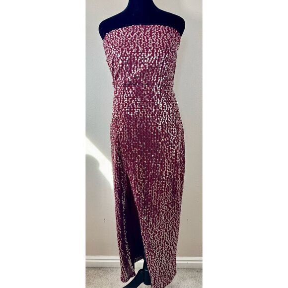 Lulus Lavish Lover Wine Red Strapless Sequin Maxi Cocktail Dress With Slit L - Picture 3 of 8